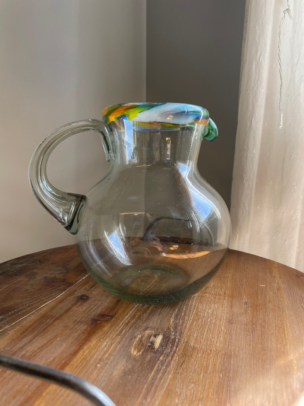 Mexican Recycled Clear Glass Pitcher with Colorful Rim - Picture 6 of 7